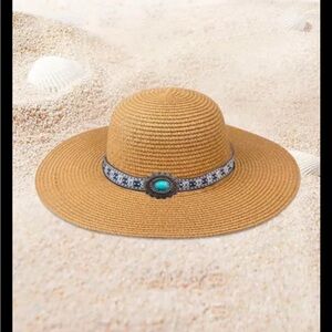 Unbranded Beige Straw Hat With Turquoise Jewelry Hat (Never worn)